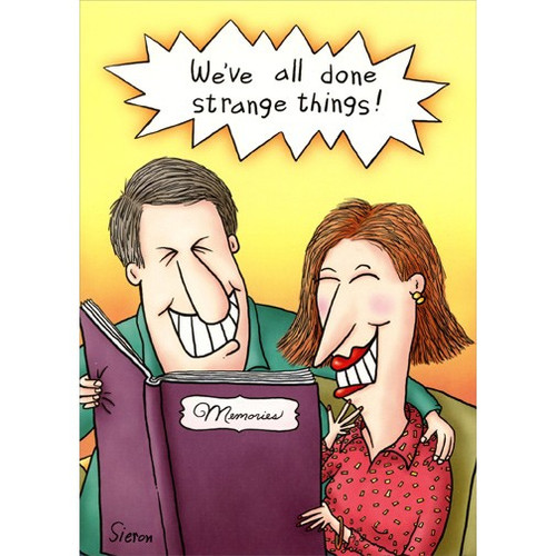 Couple Laughing At Book Funny Birthday Card: We've all done strange things!
