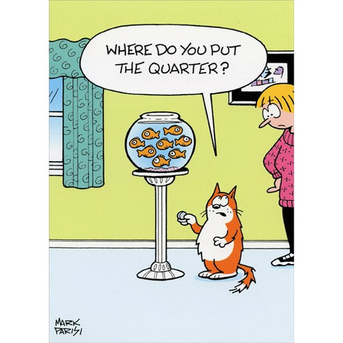 Cat With Quarter at Goldfish Bowl Funny Birthday Card: Where do you put the quarter?