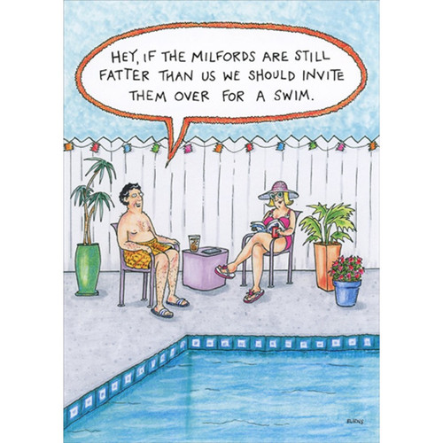 Couple Sitting Poolside Humorous / Funny Birthday Card: Hey, if the Milfords are still fatter than us we should invite them over for a swim.
