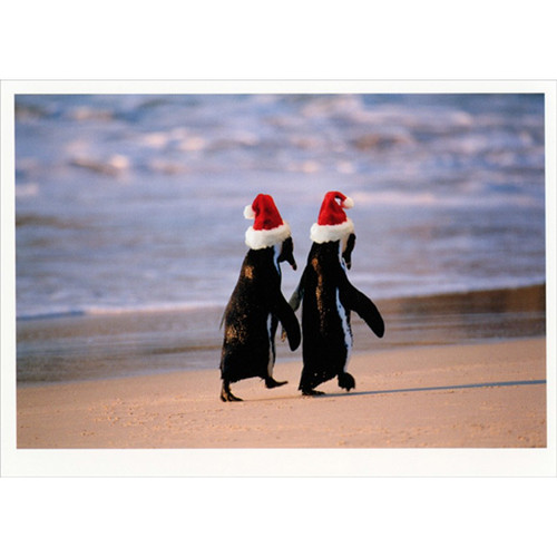 Penguins with Santa Hats Walking on Beach Cute Christmas Card