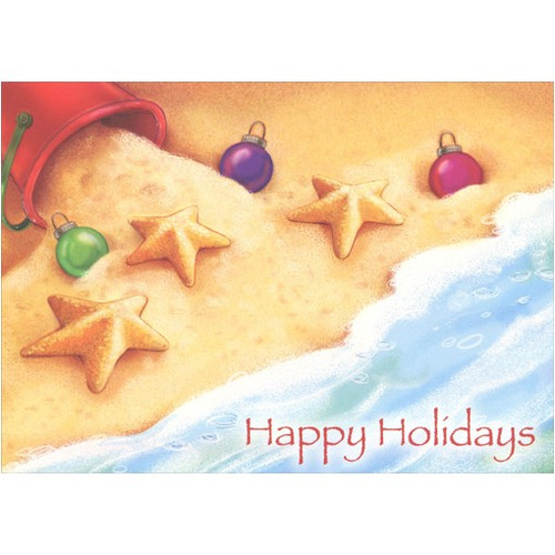 Starfish & Ornaments on Beach Warm Weather Holiday Card: Happy Holidays