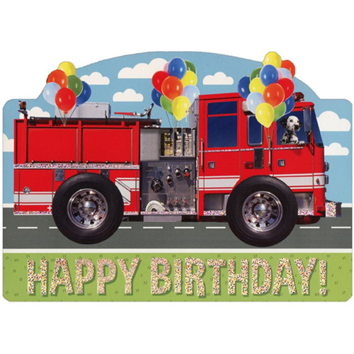 Dalmation in Fire Truck Die Cut Foil Birthday Card For Kids: HAPPY BIRTHDAY!