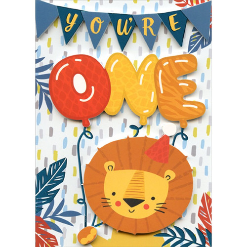 Lion and Balloons 3D Tip On Age 1 / 1st Birthday Card: You're ONE