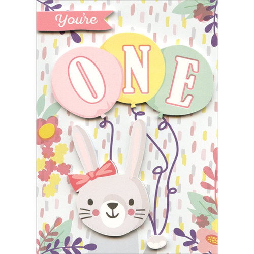 Bunny and Balloons Cute 3D Tip On Age 1 / 1st Birthday Congratulations Card: You're ONE