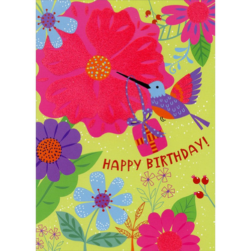 Hummingbird, Gift and Flowers with Flocked Surface Birthday Card: Happy Birthday!