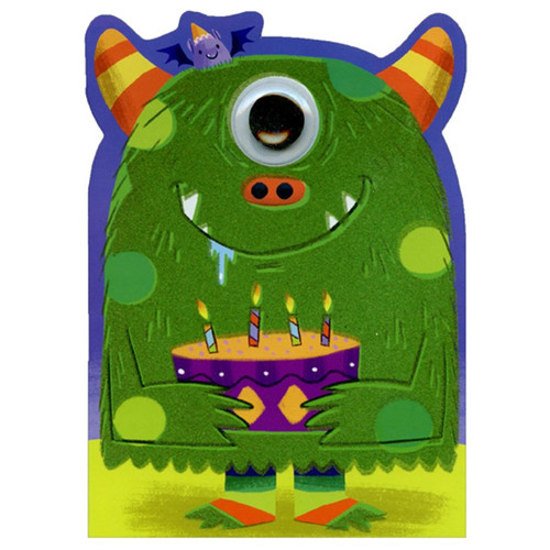 Green Googly Eye Monster with Flocked Surface Birthday Card For Kids