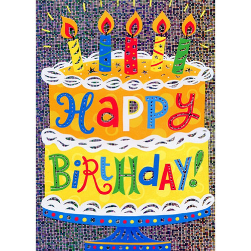 Orange and Yellow Cake on Holographic Foil Juvenile Birthday Card for Kids : Children: Happy Birthday!