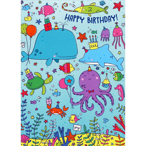 Fish, Whale, Dolphin, Turtle, Octopus, Crab in Ocean Juvenile Birthday Card for Kids : Children: Happy Birthday!