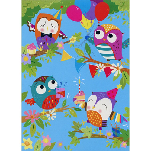 4 Cute Owls with Balloons, Cake and Present Juvenile Birthday Card for Kids : Children