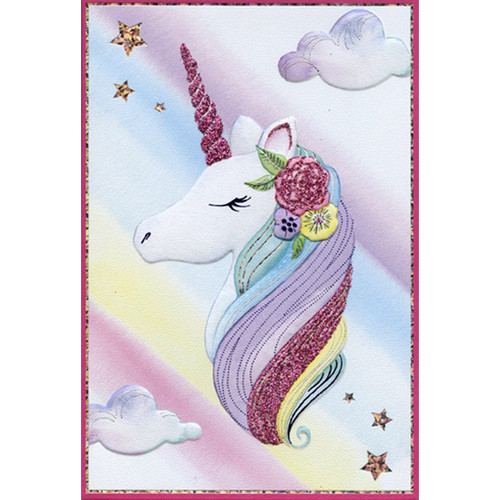 Shimmering Unicorn Profile in Clouds Bright and Colorful 'Jane' Feminine Birthday Card for Her