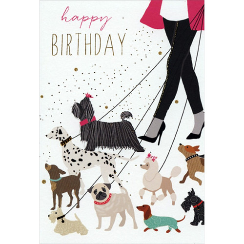 Girl Walking Dogs Sara Miller Feminine Birthday Card for Her / Woman: happy BIRTHDAY