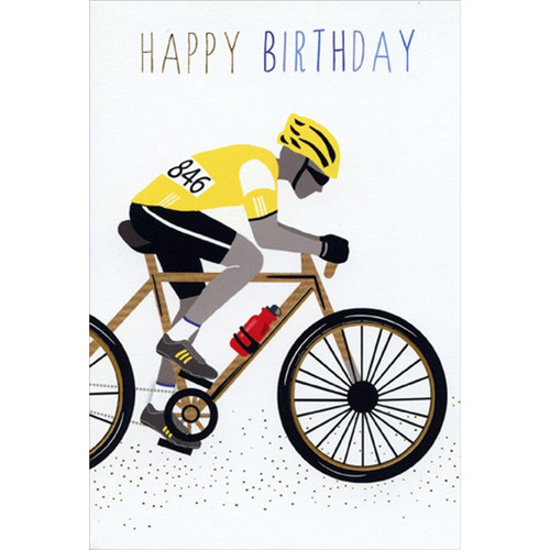 Yellow Competitive Bicycler Sara Miller Birthday Card for Him / Man: Happy Birthday