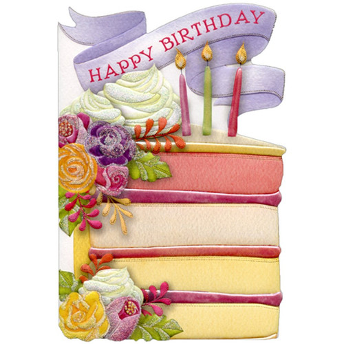 Flowers and Cake Slice Sienna Garden Die Cut Birthday Card: HAPPY BIRTHDAY