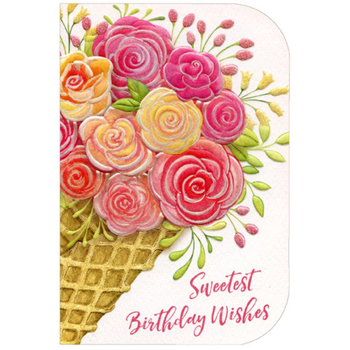 Floral Ice Cream Cone Sienna Garden Die Cut Feminine Birthday Card for Her / Woman: Sweetest Birthday Wishes