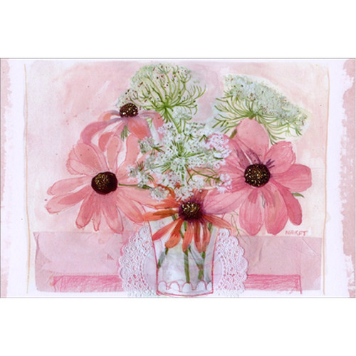 Four Pink Flowers in Clear Vase Feminine Birthday Card for Her / Woman