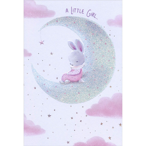 Pink Bunny On Moon Sanja Rescek New Baby Girl Congratulations Card: A Little Girl…