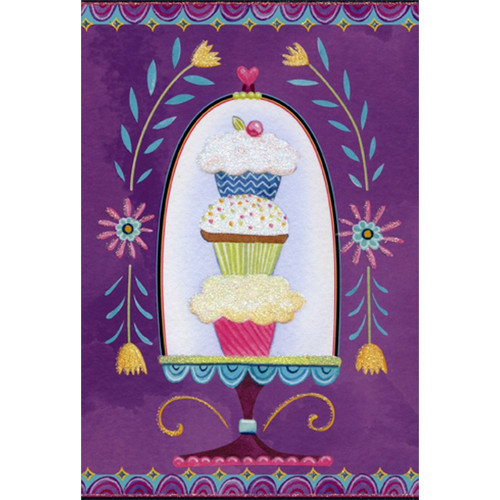 Three Cupcakes Under Domed Pedestal Nicole Tamarin Patchwork Birthday Card