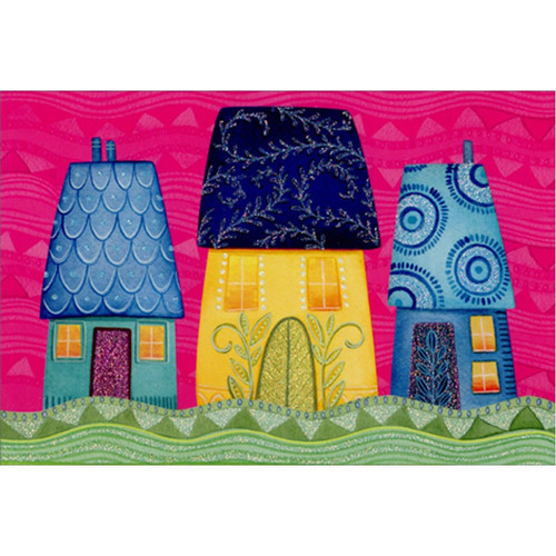 Three Colorful Patterned Houses Nicole Tamarin Patchwork New Home Congratulations Card