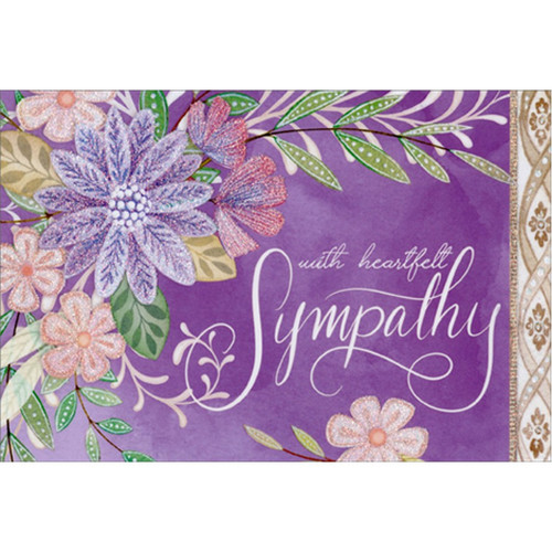 Corner Flowers in Corner on Purple Nicole Tamarin Patchwork Sympathy Card: with heartfelt Sympathy