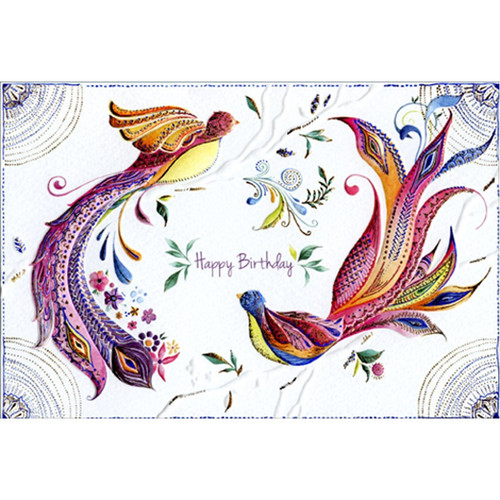 Vibrant Colored Birds with Long Tail Feathers Michele Frusciano Two Twenty Two Birthday Card: Happy Birthday