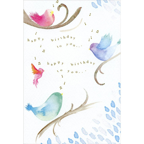 Watercolor Birds on Branches Michele Doherty Frusciano Happy Buddha Birthday Card: happy birthday to you …happy birthday to you …