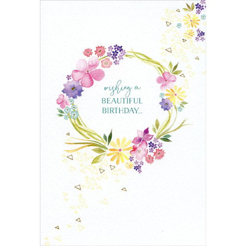 Floral Watercolor Wreath Beautiful Michele Doherty Frusciano Happy Buddha Birthday Card: wishing a BEAUTIFUL BIRTHDAY