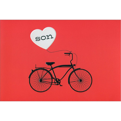 Black Bike and Heart Balloon on Red : Son Valentine's Day Card: Son
