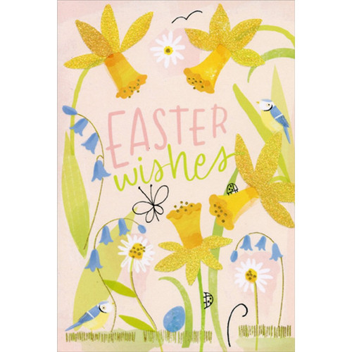 Yellow Daffodils and White and Blue Flowers Easter Card: Easter Wishes