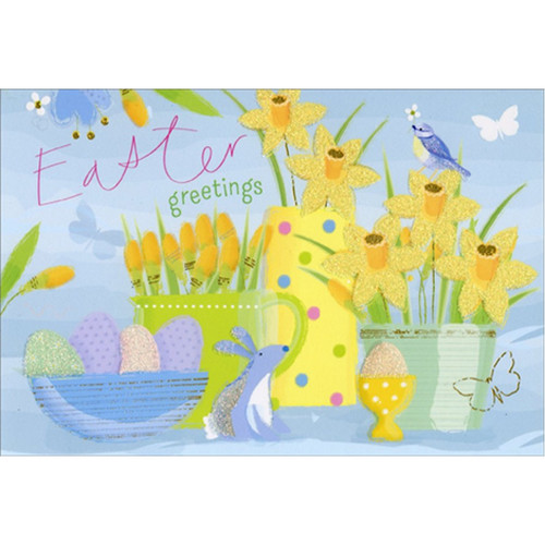 Bunny, Eggs, Mug, Yellow Flowers and Blue Bird Easter Card: Easter Greetings