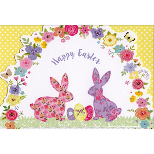 Pink and Purple Flower Patterned Bunnies Easter Card: Happy Easter