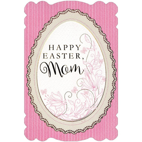 Gold Foil Trimmed Egg on Pink Vertical Stripes Easter Card for Mom: Happy Easter, Mom