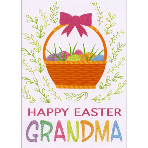 Sparkling Easter Eggs in Basket with Pink Bow Easter Card for Grandmother: Happy Easter Grandma