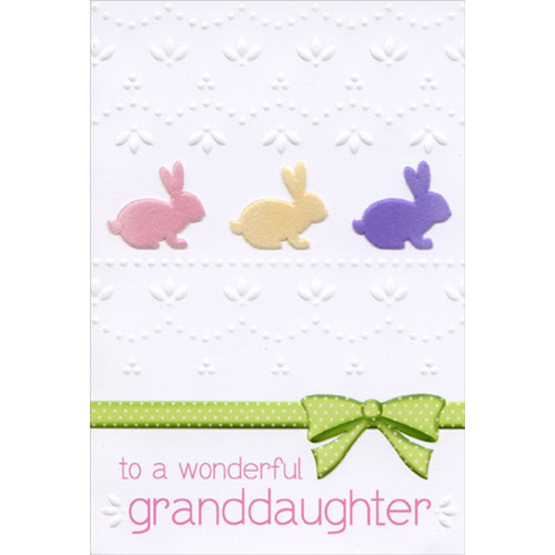 Three Fuzzy Little Bunnies and Green Ribbon Easter Card for Granddaughter: to a wonderful granddaughter