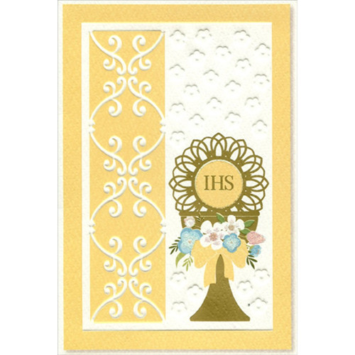 Chalice with Sparkling Flowers and Host  First / 1st Communion Congratulations Card: IHS