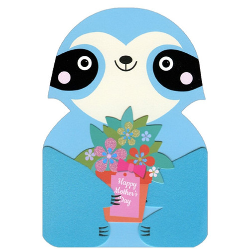 Fuzzy Blue Sloth Holding Flower Pot Die Cut Gate Fold Mother's Day Card for Mom: Happy Mother's Day