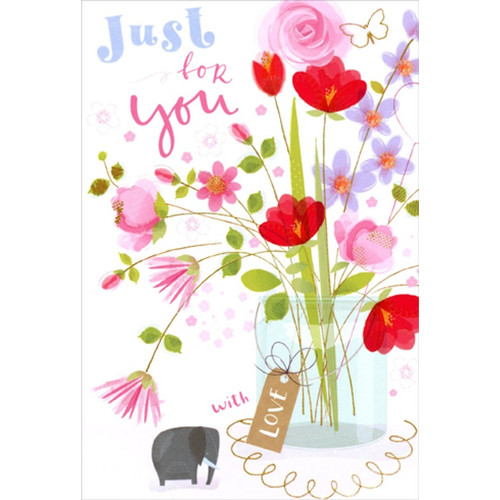 Flower Bouquet in Glass Jar and Small Elephant Mother's Day Card: Just for You - with Love