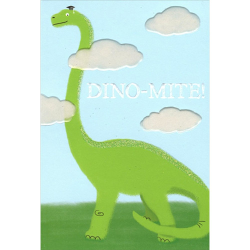 Green Dinosaur with Grad Cap Elementary School Graduation Congratulations Card: Dino-Mite!