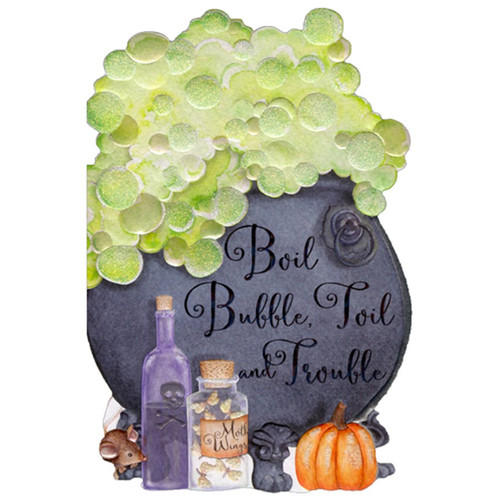 Die Cut Cauldron with Light Green Bubbles Halloween Card: Boil Bubble, Toil and Trouble