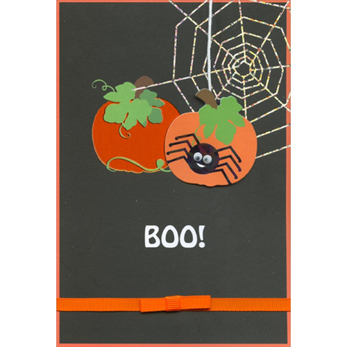 Googly Eyed Spider on 3D Pumpkin with Orange Bow Hand Decorated Halloween Card: Boo!