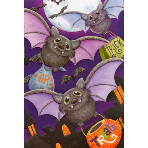 Trick or Treat Bats Flying in Purple Sky Halloween Card: Trick Or Treat