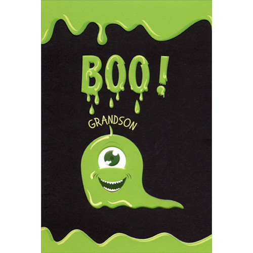 Green One Eyed Glob Juvenile Halloween Card for Grandson: BOO! Grandson