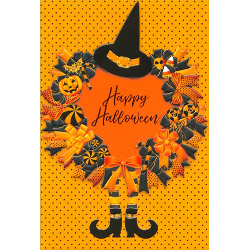Witch Wreath : Orange with Tiny Polka Dots Halloween Card: Happy Halloween