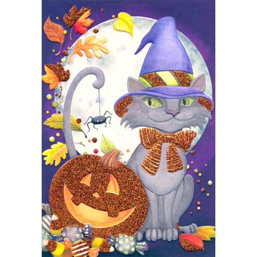 Cat In Purple Witch Hat : Pumpkin, Leaves and Full Moon Halloween Card