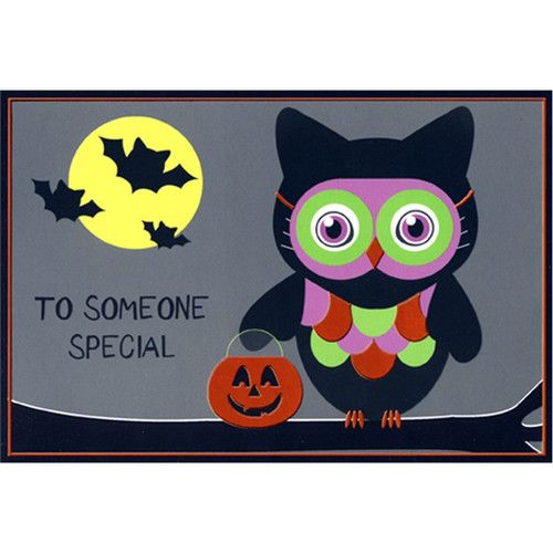 Masked Owl with Candy Bucket on Branch Juvenile Halloween Card for Special Girl: To Someone Special