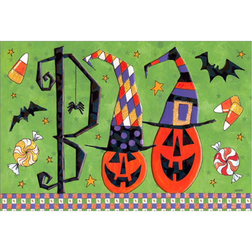 Boo Pumpkins with Tall Hats on Green Halloween Card: Boo