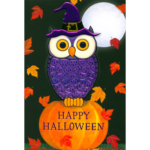 Purple Owl on Pumpkin, Full Moon and Falling Leaves Halloween Card: Happy Halloween