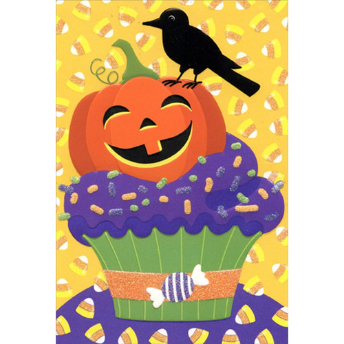 Cupcake with Purple Frosting, Pumpkin and Crow Halloween Card