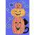 Fuzzy Black Cat Peeking Behind Pumpkin Stack Halloween Card