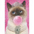 Fancy Cat Wearing Tiara, Pearl Necklace and Blowing Pink Bubble Funny Feminine Birthday Card