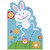 Smiling, Hopping White Rabbit Holding Red Flower Die Cut Easter Card for Kids